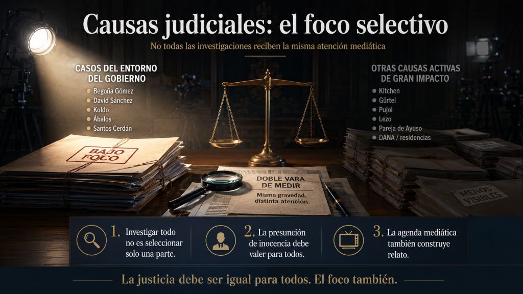 Infografía sobre el foco mediático selectivo en las causas judiciales, con expedientes del entorno del Gobierno bajo un gran foco y otras causas relevantes en semipenumbra, acompañadas de una balanza de la justicia y tres ideas clave sobre igualdad, presunción de inocencia y relato mediático.