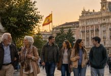 Cincuenta años de libertad: recordar también defiende democracia Personas de distintas generaciones caminan juntas por una plaza española al atardecer, con una bandera nacional al fondo, evocando convivencia democrática y memoria compartida.