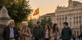 Cincuenta años de libertad: recordar también defiende democracia Personas de distintas generaciones caminan juntas por una plaza española al atardecer, con una bandera nacional al fondo, evocando convivencia democrática y memoria compartida.
