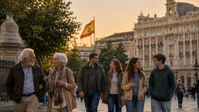 Personas de distintas generaciones caminan juntas por una plaza española al atardecer, con una bandera nacional al fondo, evocando convivencia democrática y memoria compartida.