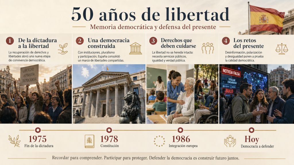 Infografía sobre cincuenta años de libertad en España, con escenas fotorrealistas de ciudadanía, instituciones, derechos sociales y retos democráticos actuales.
