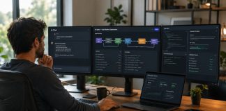 Agentes de IA: cuando la inteligencia artificial empieza a trabajar Profesional trabajando ante varias pantallas que muestran una conversación con IA, flujos de tareas automatizadas, análisis de documentos y comprobaciones de resultados.