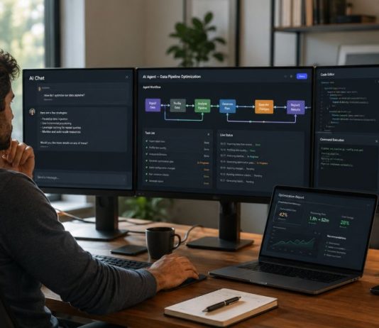 Agentes de IA: cuando la inteligencia artificial empieza a trabajar Profesional trabajando ante varias pantallas que muestran una conversación con IA, flujos de tareas automatizadas, análisis de documentos y comprobaciones de resultados.