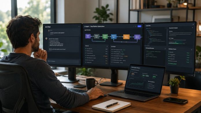 Profesional trabajando ante varias pantallas que muestran una conversación con IA, flujos de tareas automatizadas, análisis de documentos y comprobaciones de resultados.