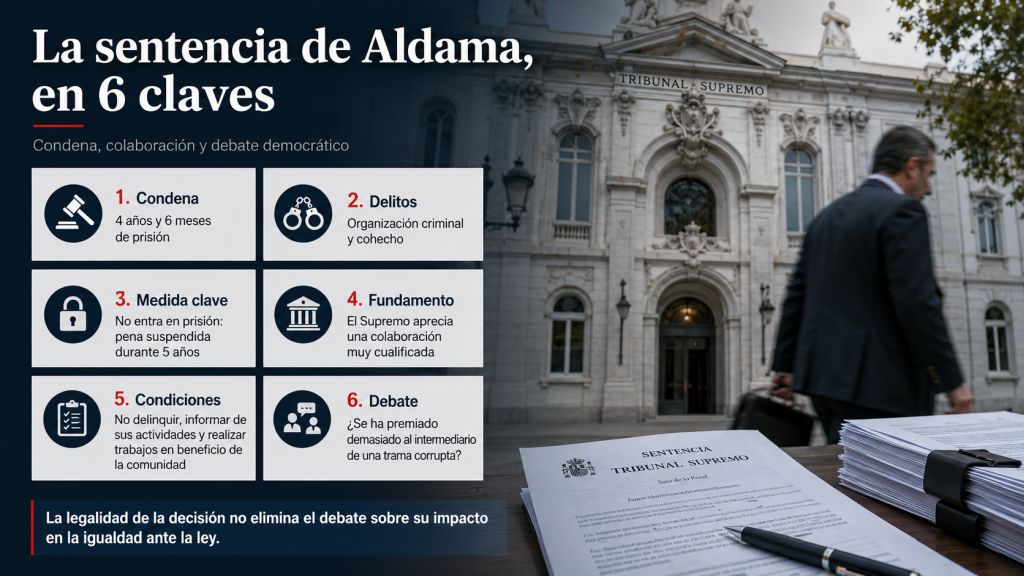 Infografía sobre la sentencia de Víctor de Aldama con seis claves: condena, delitos, suspensión de prisión, colaboración con la Justicia, condiciones impuestas y debate sobre igualdad ante la ley.