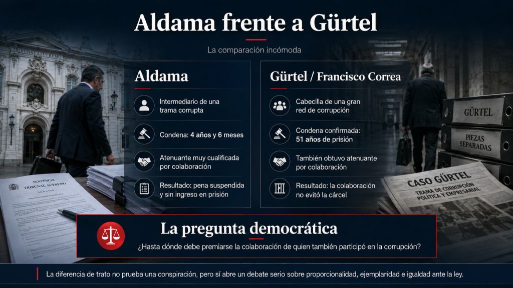 Infografía comparativa entre Víctor de Aldama y el caso Gürtel, con las condenas, las atenuantes por colaboración y el diferente resultado penal para Aldama y Francisco Correa.