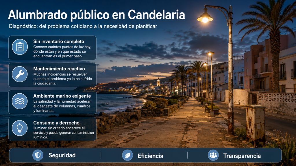 Infografía sobre los retos del alumbrado público en Candelaria: falta de inventario, mantenimiento reactivo, corrosión marina y consumo ineficiente.