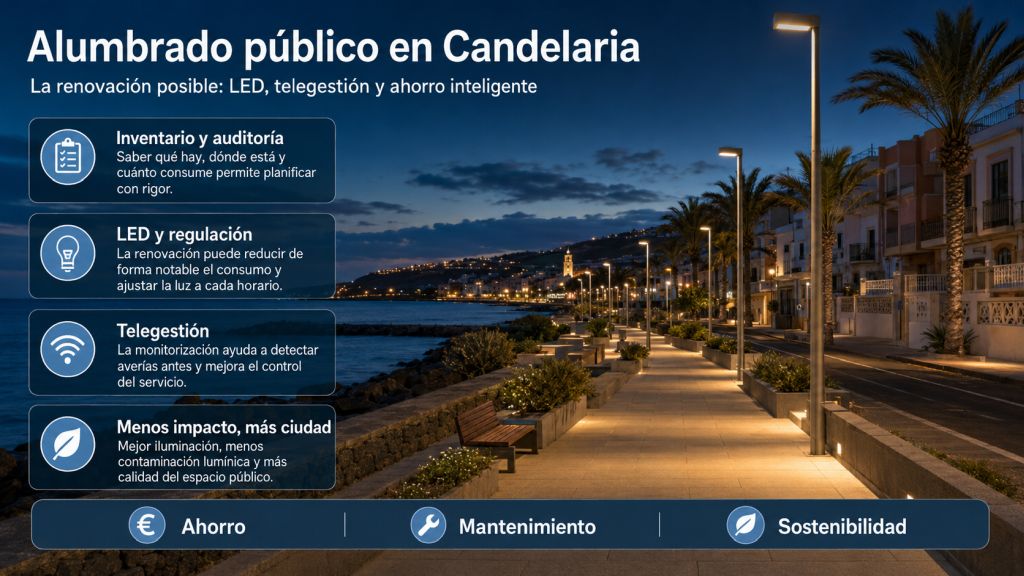 Infografía sobre la renovación del alumbrado público en Candelaria mediante auditoría, tecnología LED, telegestión y reducción de la contaminación lumínica.
