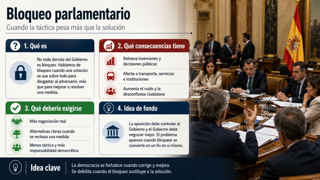 Infografía sobre el bloqueo parlamentario, sus consecuencias para las decisiones públicas y la necesidad de negociación y responsabilidad democrática.