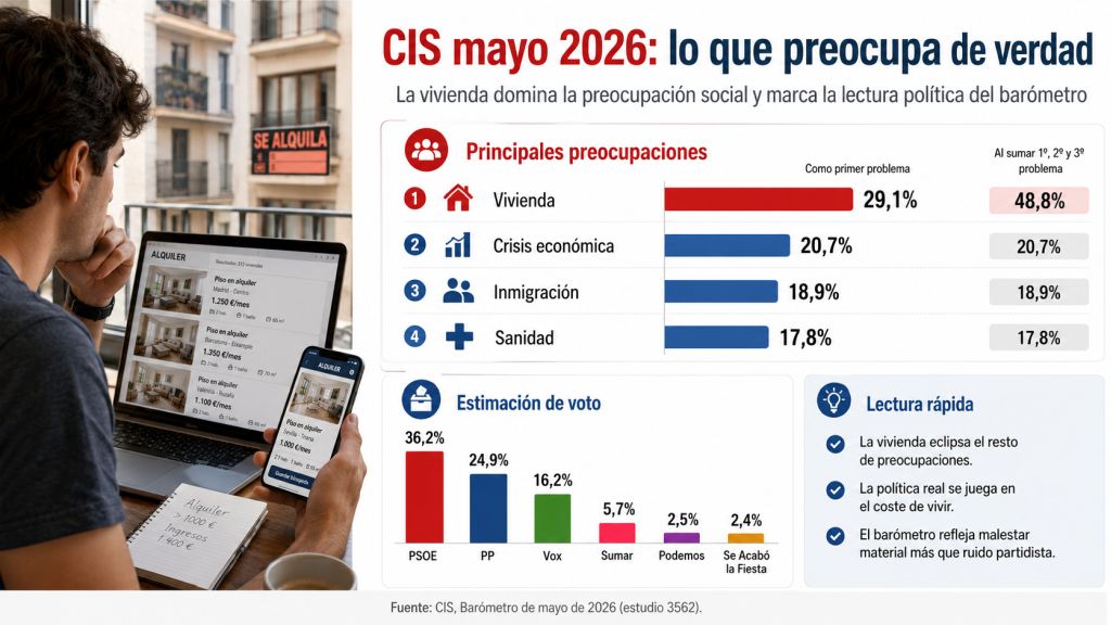 Infografía sobre el CIS de mayo de 2026 que muestra la vivienda como principal preocupación social, junto a datos de crisis económica, inmigración, sanidad y estimación de voto.