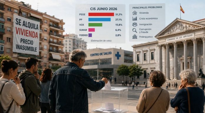 CIS junio 2026: el PSOE resiste y el PP recorta Ciudadanos depositando su voto ante el Congreso, con referencias visuales a la vivienda, la sanidad y los principales resultados del CIS de junio de 2026.