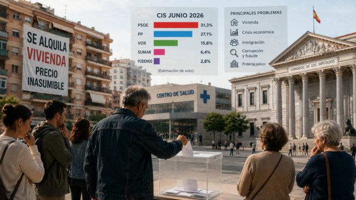 CIS 2026 1 Ciudadanos depositando su voto ante el Congreso, con referencias visuales a la vivienda, la sanidad y los principales resultados del CIS de junio de 2026.