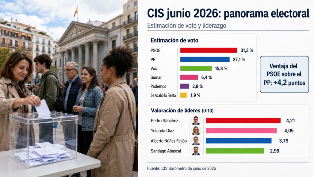 Infografía del CIS de junio de 2026 con la estimación de voto de los principales partidos, la ventaja del PSOE sobre el PP y la valoración de los líderes políticos.