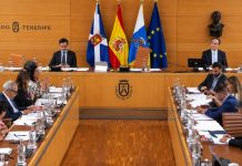 Cabildo de Tenerife: acuerdos y deudas del pleno de junio Sesión plenaria del Cabildo de Tenerife en su salón institucional, con representantes en las mesas de debate, presidencia, banderas oficiales y documentación de trabajo.