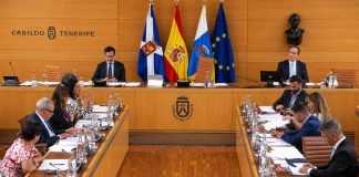 Cabildo de Tenerife: acuerdos y deudas del pleno de junio Sesión plenaria del Cabildo de Tenerife en su salón institucional, con representantes en las mesas de debate, presidencia, banderas oficiales y documentación de trabajo.