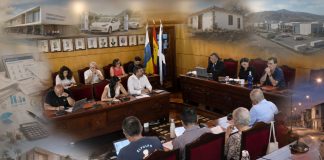 Pleno de Candelaria: gestión, acuerdos y retos pendientes Pleno del Ayuntamiento de Candelaria con los concejales reunidos y composiciones difuminadas de los principales asuntos debatidos: centro sociosanitario, movilidad eléctrica, patrimonio rural, Auditorio Municipal, cuentas y alumbrado público.