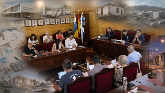 Pleno del Ayuntamiento de Candelaria con los concejales reunidos y composiciones difuminadas de los principales asuntos debatidos: centro sociosanitario, movilidad eléctrica, patrimonio rural, Auditorio Municipal, cuentas y alumbrado público.