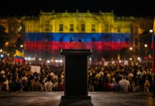 Abelardo de la Espriella y el triunfo del miedo en Colombia Atril vacío ante una multitud reunida de noche en Colombia, con banderas nacionales y un edificio iluminado con los colores amarillo, azul y rojo.