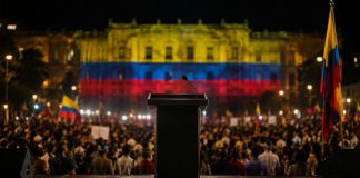 Atril vacío ante una multitud reunida de noche en Colombia, con banderas nacionales y un edificio iluminado con los colores amarillo, azul y rojo.