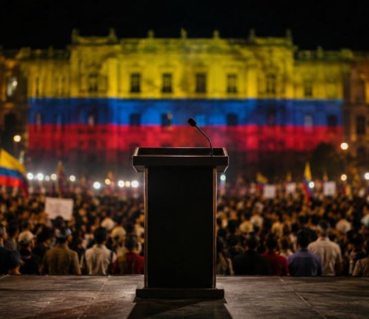 Abelardo de la Espriella y el triunfo del miedo en Colombia Atril vacío ante una multitud reunida de noche en Colombia, con banderas nacionales y un edificio iluminado con los colores amarillo, azul y rojo.