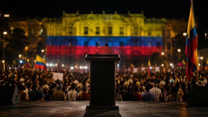 Colombia 1 Atril vacío ante una multitud reunida de noche en Colombia, con banderas nacionales y un edificio iluminado con los colores amarillo, azul y rojo.