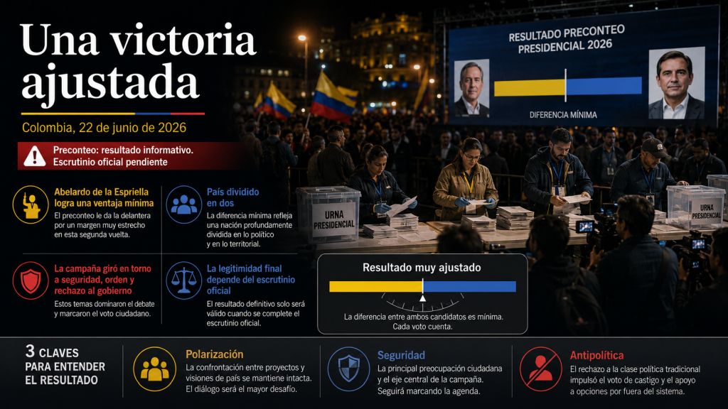 Infografía sobre un resultado electoral muy ajustado en Colombia, con mesa de escrutinio, urnas, personal electoral y claves sobre polarización, seguridad y legitimidad institucional.