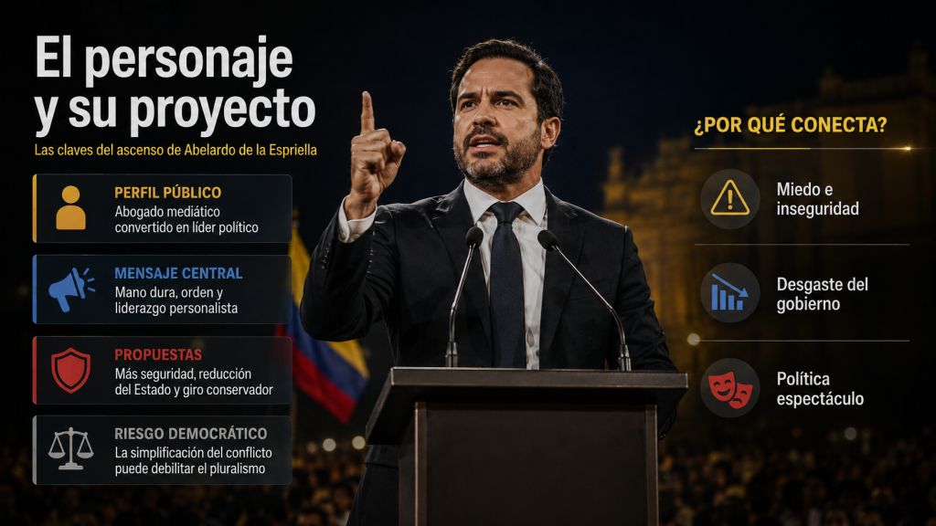 Infografía sobre el ascenso político de Abelardo de la Espriella, representado en un atril, con referencias visuales a mano dura, inseguridad, desgaste político y política espectáculo.
