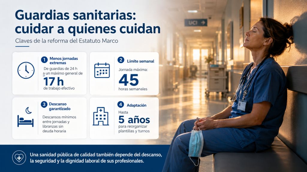 Infografía sobre guardias sanitarias con una profesional de salud descansando y cuatro claves de la reforma: 17 horas máximas, 45 horas semanales, descansos garantizados y adaptación de plantillas.