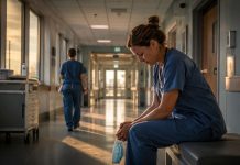 Guardias sanitarias: cuidar la sanidad empieza por quienes cuidan Profesional sanitaria sentada en un pasillo de hospital al amanecer tras una guardia, reflejando cansancio, descanso necesario y dignidad laboral.