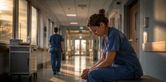 Guardias sanitarias: cuidar la sanidad empieza por quienes cuidan Profesional sanitaria sentada en un pasillo de hospital al amanecer tras una guardia, reflejando cansancio, descanso necesario y dignidad laboral.