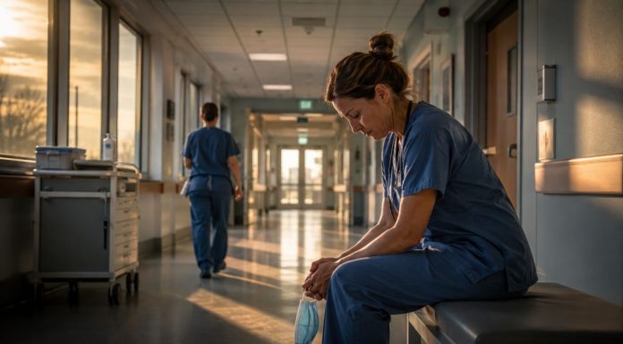 Guardias sanitarias: cuidar la sanidad empieza por quienes cuidan Profesional sanitaria sentada en un pasillo de hospital al amanecer tras una guardia, reflejando cansancio, descanso necesario y dignidad laboral.
