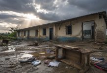 Riesgo climático infantil: la factura moral del clima Escuela dañada por una tormenta e inundación, con pupitres, mochilas y cuadernos embarrados, como símbolo del impacto de la crisis climática sobre la infancia y la educación.