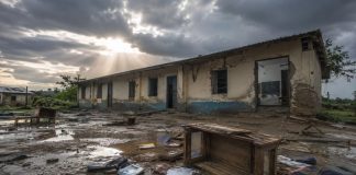 Escuela dañada por una tormenta e inundación, con pupitres, mochilas y cuadernos embarrados, como símbolo del impacto de la crisis climática sobre la infancia y la educación.