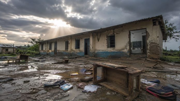 Escuela dañada por una tormenta e inundación, con pupitres, mochilas y cuadernos embarrados, como símbolo del impacto de la crisis climática sobre la infancia y la educación.