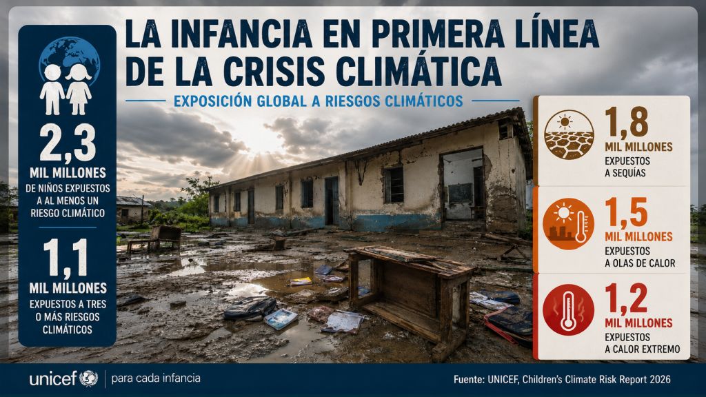 Infografía sobre el riesgo climático infantil con una escuela inundada y datos de UNICEF sobre niños expuestos a sequías, olas de calor, calor extremo y riesgos climáticos múltiples.