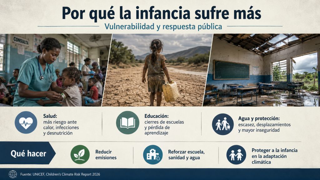 Infografía que explica por qué la infancia sufre más la crisis climática, relacionando salud, educación, agua, protección social y medidas públicas de adaptación.