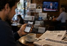 Informe Digital News 2026: las claves para España Persona consultando noticias en su móvil en una cafetería, rodeada de titulares digitales, una televisión al fondo y prensa impresa sobre la mesa, representando el nuevo consumo informativo en España.