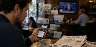 Informe Digital News 2026: las claves para España Persona consultando noticias en su móvil en una cafetería, rodeada de titulares digitales, una televisión al fondo y prensa impresa sobre la mesa, representando el nuevo consumo informativo en España.