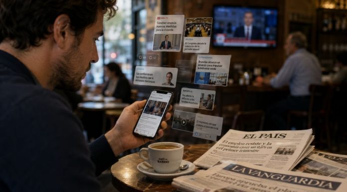 Informe Digital News 2026: las claves para España Persona consultando noticias en su móvil en una cafetería, rodeada de titulares digitales, una televisión al fondo y prensa impresa sobre la mesa, representando el nuevo consumo informativo en España.