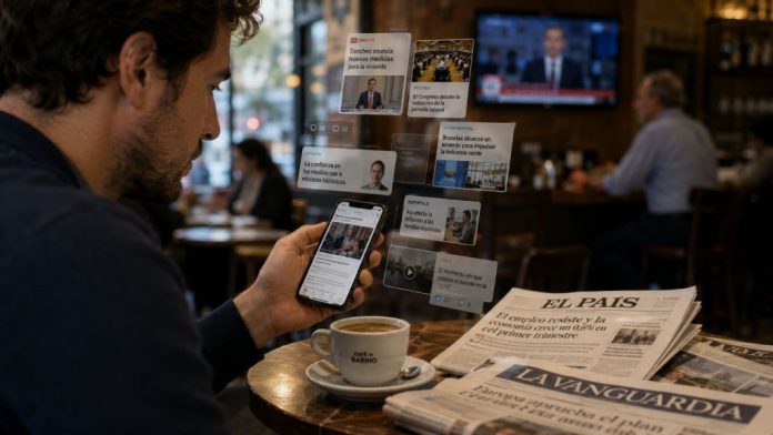 Información 1 Persona consultando noticias en su móvil en una cafetería, rodeada de titulares digitales, una televisión al fondo y prensa impresa sobre la mesa, representando el nuevo consumo informativo en España.