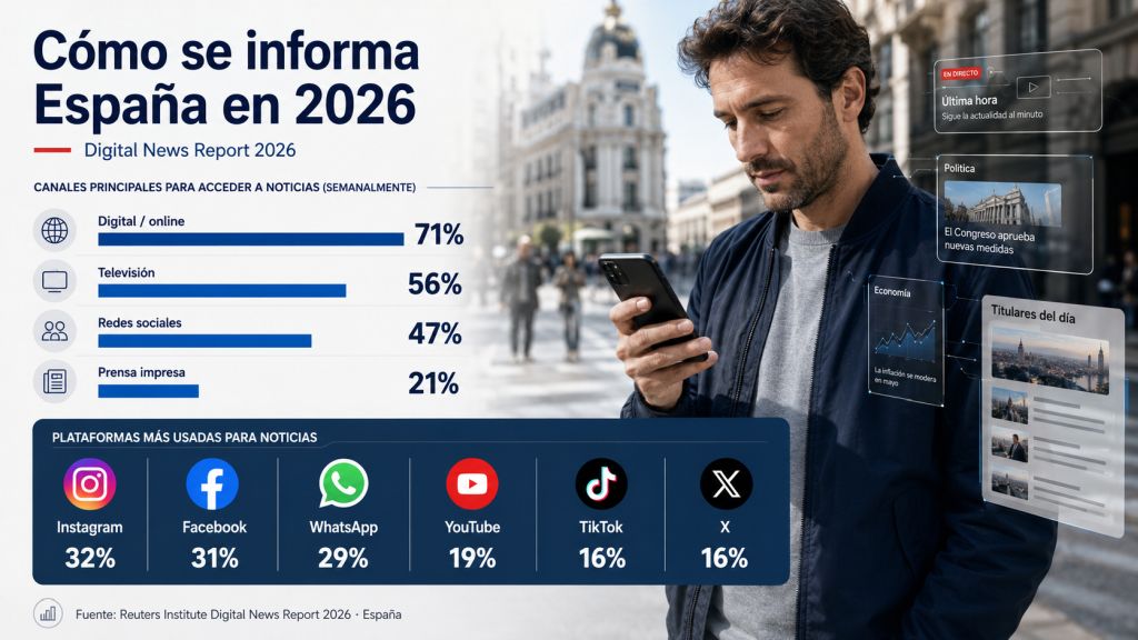 Infografía sobre los canales principales de acceso a noticias en España: medios digitales, televisión, redes sociales y prensa impresa, con las plataformas más utilizadas para informarse.