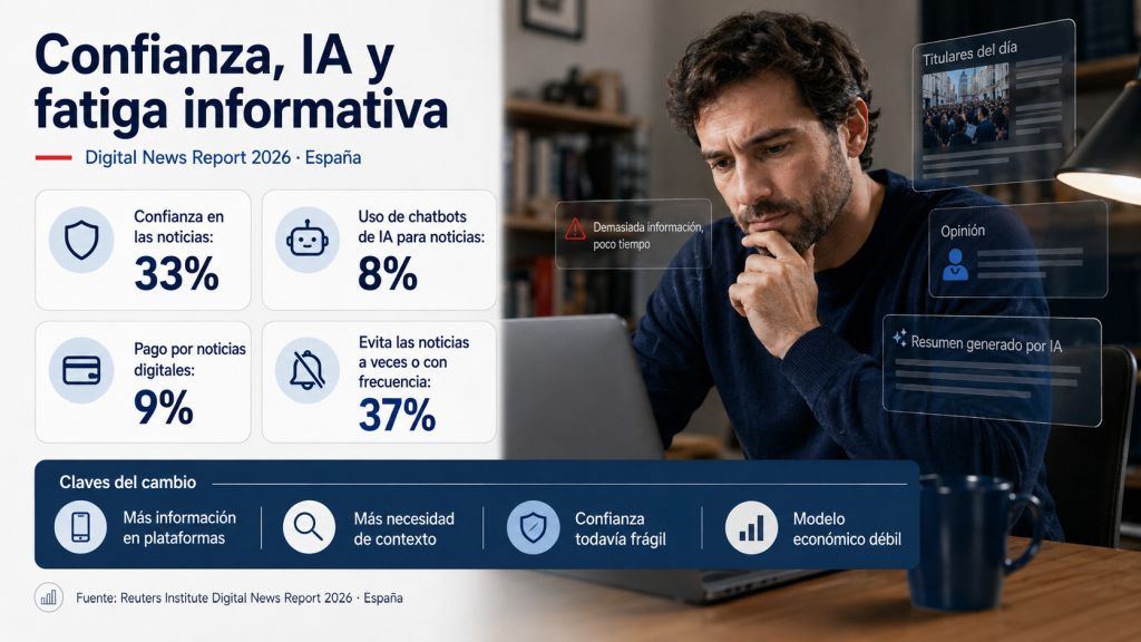 Infografía sobre la confianza en las noticias en España, el uso de chatbots de inteligencia artificial, el pago por información digital y la evitación de noticias.