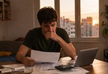 Vivienda joven: cuando emanciparse empobrece Joven revisando facturas, nómina y contrato de alquiler en una vivienda modesta, con gesto preocupado ante el coste de emanciparse.
