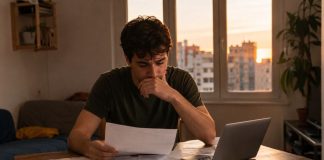 Vivienda joven: cuando emanciparse empobrece Joven revisando facturas, nómina y contrato de alquiler en una vivienda modesta, con gesto preocupado ante el coste de emanciparse.