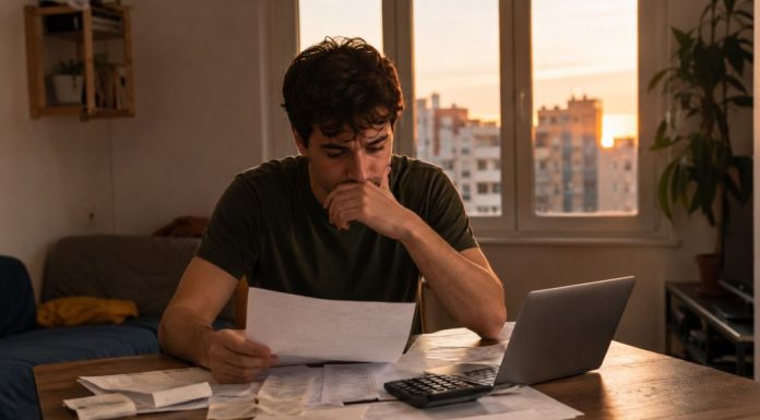 Vivienda joven: cuando emanciparse empobrece Joven revisando facturas, nómina y contrato de alquiler en una vivienda modesta, con gesto preocupado ante el coste de emanciparse.