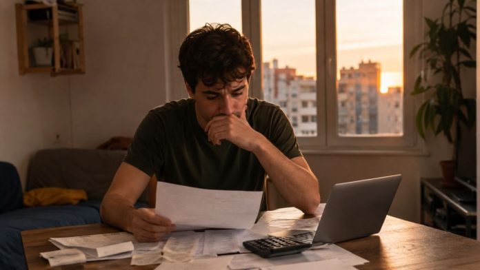 Joven revisando facturas, nómina y contrato de alquiler en una vivienda modesta, con gesto preocupado ante el coste de emanciparse.