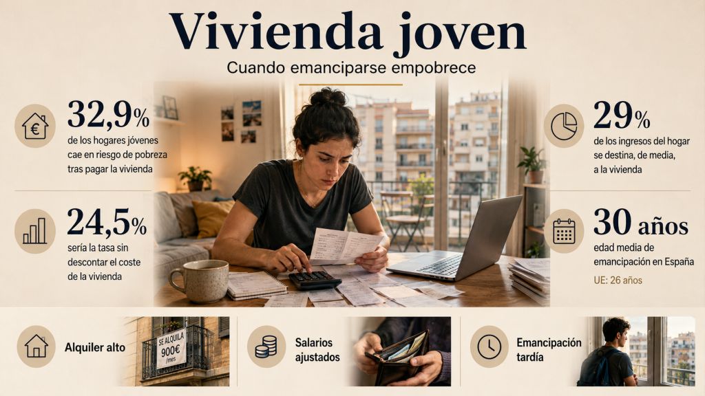 Infografía sobre vivienda joven en España, con datos sobre riesgo de pobreza, gasto en vivienda y edad media de emancipación.