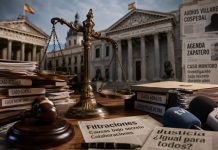 Justicia desigual en España: proceso o castigo Balanza de justicia inclinada sobre expedientes judiciales y micrófonos, con el Tribunal Supremo, el Congreso y titulares sobre filtraciones y casos políticos al fondo.