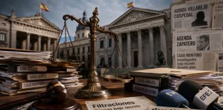 Justicia desigual en España: proceso o castigo Balanza de justicia inclinada sobre expedientes judiciales y micrófonos, con el Tribunal Supremo, el Congreso y titulares sobre filtraciones y casos políticos al fondo.