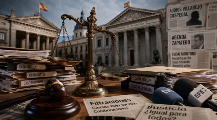 Justicia desigual en España: proceso o castigo Balanza de justicia inclinada sobre expedientes judiciales y micrófonos, con el Tribunal Supremo, el Congreso y titulares sobre filtraciones y casos políticos al fondo.